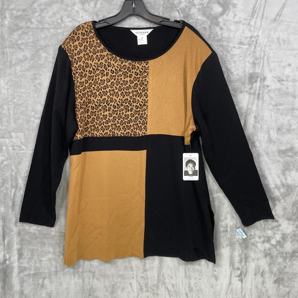NEW Exclusively Misook Woman 2X Pullover Sweater Top ColorBlock Black Brown NWT